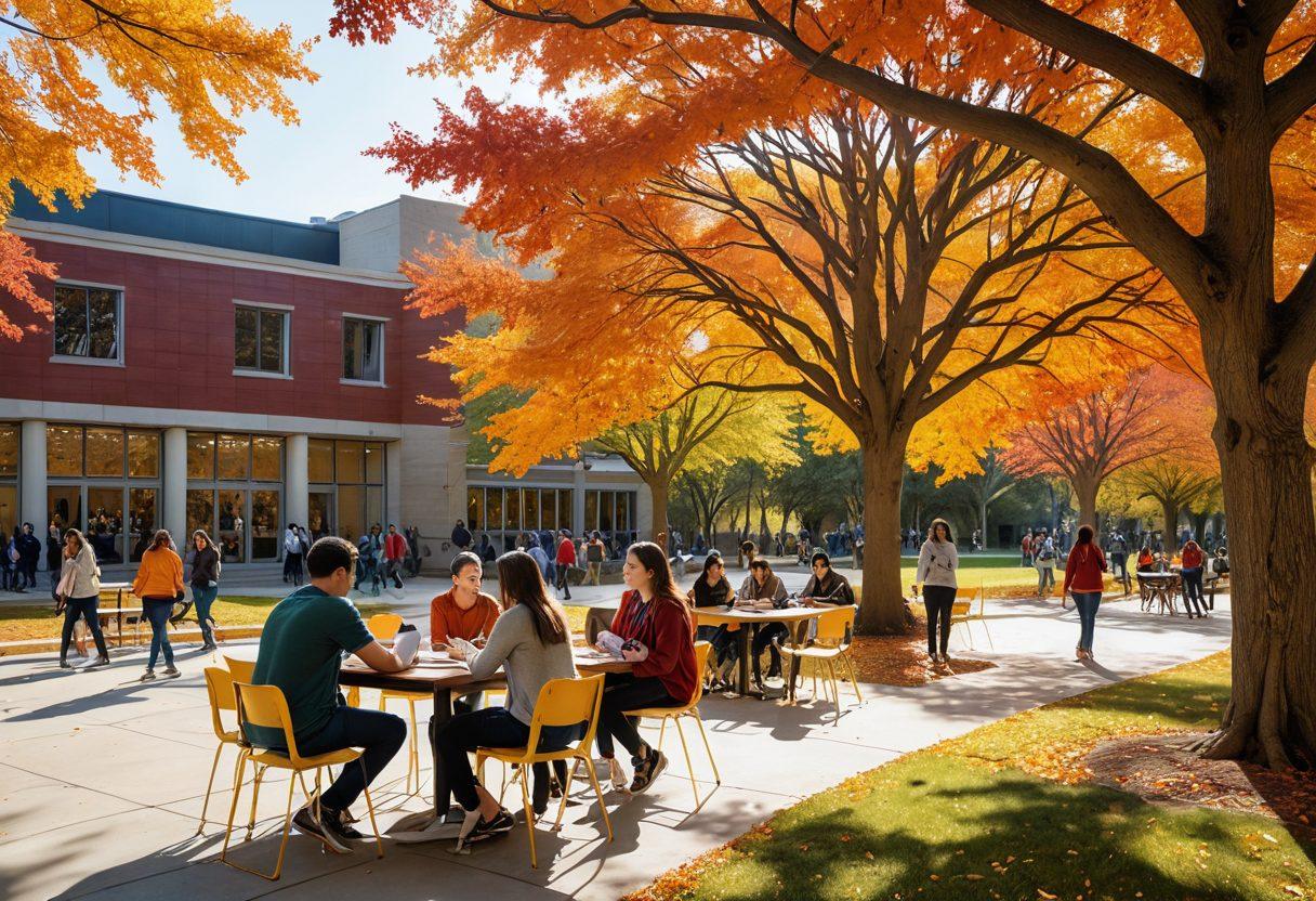 A serene campus scene showcasing diverse students engaging in study groups under vibrant autumn trees, laughter shared between friends at a café, and a professor guiding students with enthusiasm. Incorporate elements of unity and growth, with books, laptops, and college banners in the background. super-realistic. vibrant colors. warm tones.