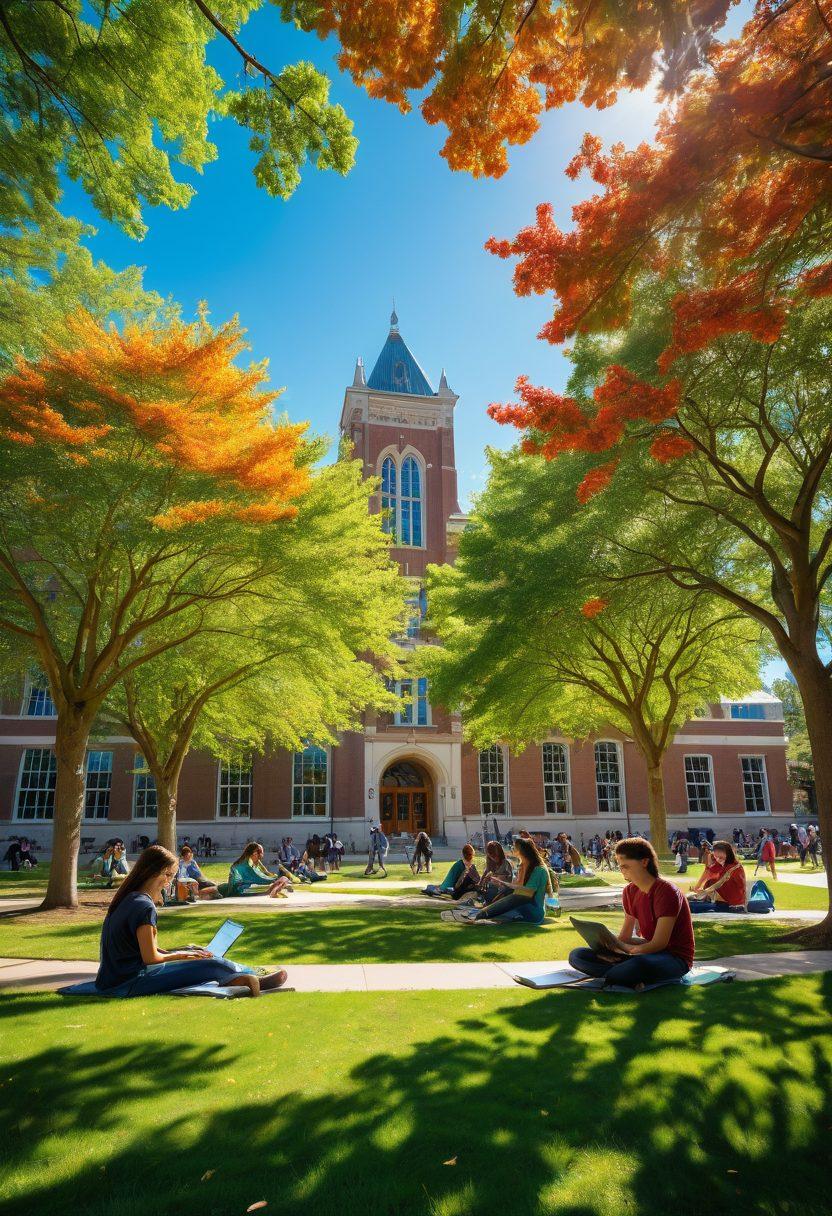 A vibrant college campus scene showing diverse students engaged in joyful learning, collaborating in study groups under blooming trees, with books and laptops scattered around. The background features a lively college building with colorful banners promoting creativity and growth. Incorporate elements of nature, like sunlight filtering through leaves, to evoke a sense of peace and inspiration. super-realistic. vibrant colors. clear blue sky.