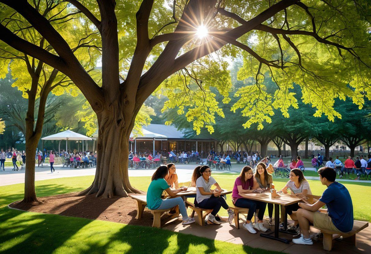 A vibrant campus scene filled with diverse students engaging in various joyful activities like studying under a tree, socializing in a cafe, and participating in a group sport. Brightly colored flowers and trees create a cheerful atmosphere, with sun rays shining through the leaves. Integrate elements like books, coffee cups, and sports equipment to emphasize success and enjoyment in student life. super-realistic. bright colors. cheerful ambiance.